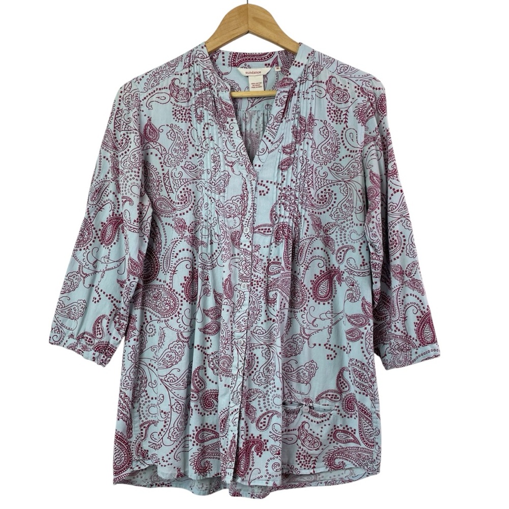 Sundance Paisley Pleated 3/4 Sleeve Button Front Cotton Tunic Shirt Top Medium